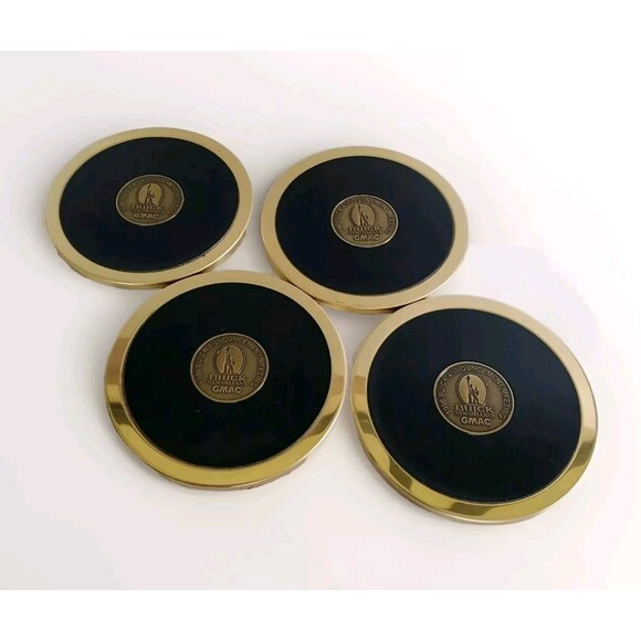 1996 Buick Brass/Leather Drink Coasters Barware Set Vtg Automobile Car Bar Decor - Picture 2 of 11